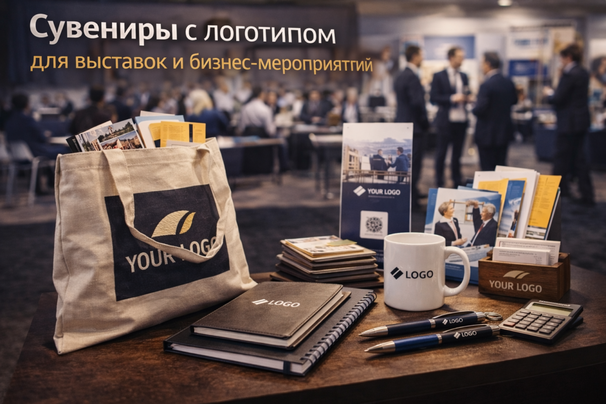 Сувениры с логотипом для выставок: сумка шоппер, блокнот, ручка и рекламные материалы для бизнеса
